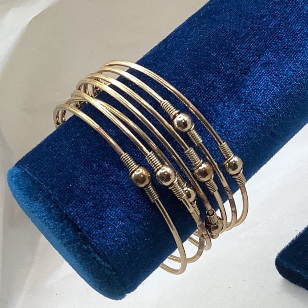 Gold Tone Multi Strand Wire Cuff Bracelet Layered Bead Coil Bypass Bangle